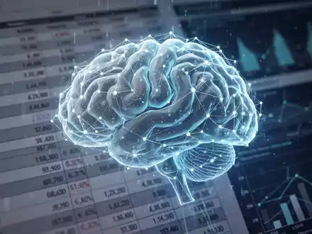 Ein futuristisches, leuchtendes KI-Gehirn aus digitalen Knoten, überlagert von Finanzbuchhaltungsblättern und Datenvisualisierungen. - Foto: über boerse-global.de