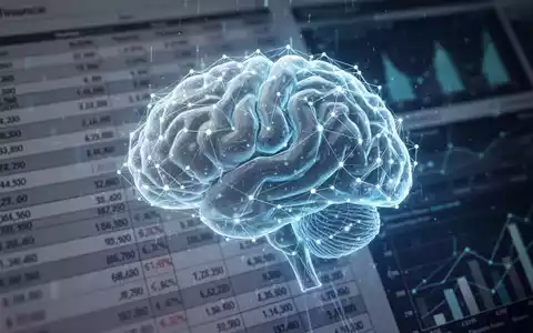 Ein futuristisches, leuchtendes KI-Gehirn aus digitalen Knoten, überlagert von Finanzbuchhaltungsblättern und Datenvisualisierungen. - Foto: über boerse-global.de