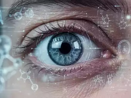 Nahaufnahme eines menschlichen Auges mit subtilen digitalen Überlagerungen, die biologische Alterung und Daten darstellen. - Foto: über boerse-global.de