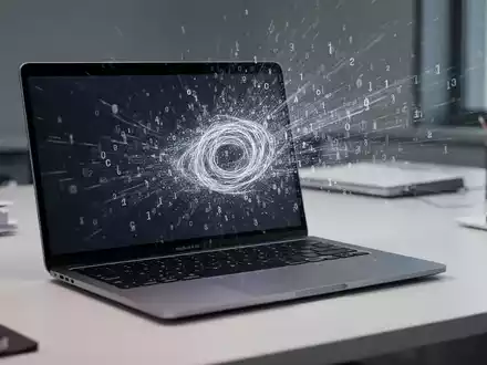 A modern laptop (MacBook Air M4 style) on a desk, with a subtle digital animation on its screen indicating data erasure. - Foto: über boerse-global.de