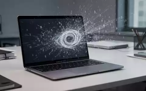 A modern laptop (MacBook Air M4 style) on a desk, with a subtle digital animation on its screen indicating data erasure. - Foto: über boerse-global.de
