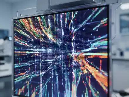 A close-up of a vibrant, high-resolution RGB OLEDoS microdisplay showing intricate digital patterns, representing advanced display technology. - Foto: über boerse-global.de