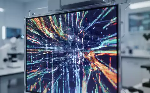 A close-up of a vibrant, high-resolution RGB OLEDoS microdisplay showing intricate digital patterns, representing advanced display technology. - Foto: über boerse-global.de