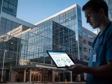 Eine moderne Krankenhausfassade aus Glas und Stahl spiegelt den Himmel wider. Im Vordergrund ein Arzt, der ein Tablet überprüft. - Foto: über boerse-global.de