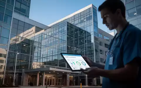 Eine moderne Krankenhausfassade aus Glas und Stahl spiegelt den Himmel wider. Im Vordergrund ein Arzt, der ein Tablet überprüft. - Foto: über boerse-global.de
