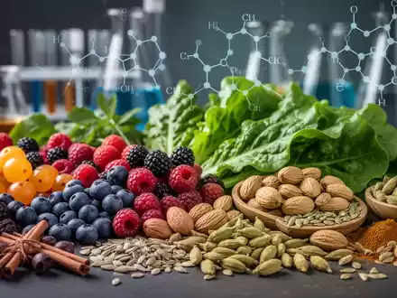 Eine Stillleben-Anordnung von entzündungshemmenden Lebensmitteln wie Beeren, grünem Gemüse, Nüssen und Gewürzen auf einem Tisch. - Foto: über boerse-global.de