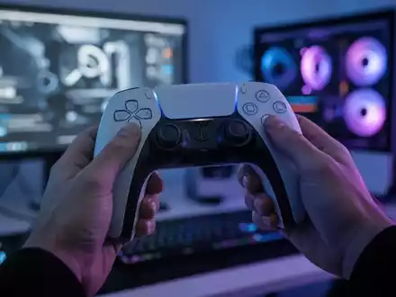 A person's hands holding a PlayStation 5 DualSense controller with gaming lights in the background. - Foto: über boerse-global.de