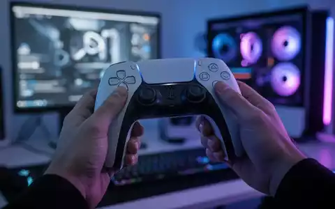 A person's hands holding a PlayStation 5 DualSense controller with gaming lights in the background. - Foto: über boerse-global.de