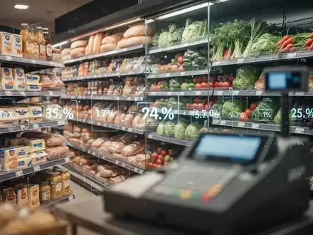Ein Supermarktgang mit Lebensmitteln und einem angedeuteten Kassenbereich, der die Komplexität neuer Umsatzsteuersätze darstellt. - Foto: über boerse-global.de