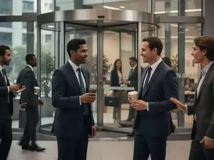 Mitarbeiter betreten und verlassen schnell ein modernes Bürogebäude, einige halten Kaffeebecher, was 'Coffee Badging' symbolisiert. - Foto: über boerse-global.de