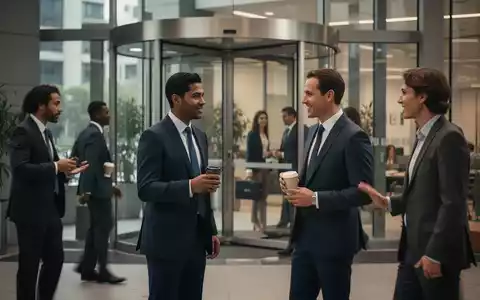 Mitarbeiter betreten und verlassen schnell ein modernes Bürogebäude, einige halten Kaffeebecher, was 'Coffee Badging' symbolisiert. - Foto: über boerse-global.de
