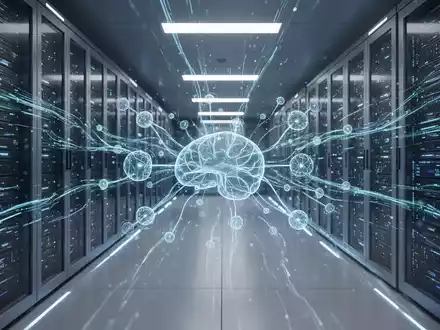 A futuristic server room with glowing blue data streams and a holographic projection of a neural network, symbolizing AI and technology. - Foto: über boerse-global.de