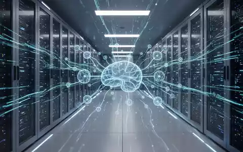 A futuristic server room with glowing blue data streams and a holographic projection of a neural network, symbolizing AI and technology. - Foto: über boerse-global.de