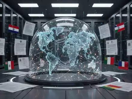 Abstract visualization of data sovereignty with glowing networks in a secure dome, surrounded by legislative documents and flags. - Foto: über boerse-global.de