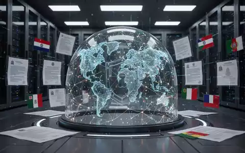 Abstract visualization of data sovereignty with glowing networks in a secure dome, surrounded by legislative documents and flags. - Foto: über boerse-global.de