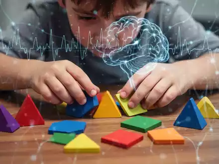 Kinderhände manipulieren bunte geometrische Formen auf einem Holztisch, im Hintergrund angedeutete neuronale Netzwerke. - Foto: über boerse-global.de