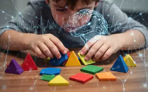 Kinderhände manipulieren bunte geometrische Formen auf einem Holztisch, im Hintergrund angedeutete neuronale Netzwerke. - Foto: über boerse-global.de