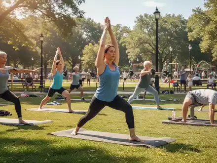 Eine Gruppe verschiedener Menschen nimmt an kostenlosen Sportkursen wie Yoga und HIIT in einem sonnigen Stadtpark teil. - Foto: über boerse-global.de