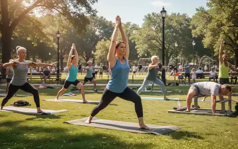 Eine Gruppe verschiedener Menschen nimmt an kostenlosen Sportkursen wie Yoga und HIIT in einem sonnigen Stadtpark teil. - Foto: über boerse-global.de