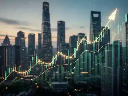 Eine stilisierte, aufwärts gerichtete Börsenkurve mit leuchtenden Linien vor dem verschwommenen Hintergrund einer modernen Finanzskyline bei Sonnenaufgang. - Foto: über boerse-global.de
