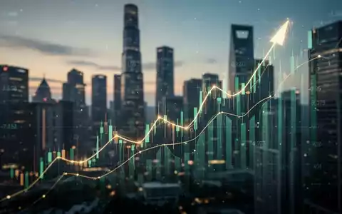 Eine stilisierte, aufwärts gerichtete Börsenkurve mit leuchtenden Linien vor dem verschwommenen Hintergrund einer modernen Finanzskyline bei Sonnenaufgang. - Foto: über boerse-global.de