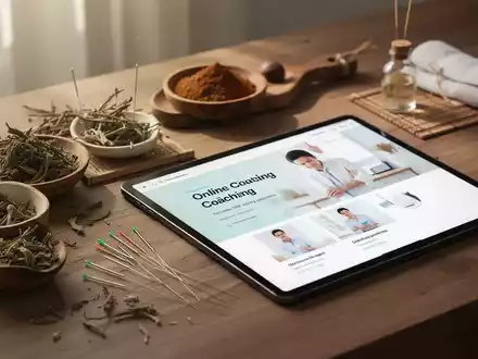 Eine ruhige Szene mit TCM-Kräutern und Akupunkturnadeln neben einem Tablet, das Online-Coaching-Inhalte zeigt, unterstreicht die Verbindung von Tradition und Digitalisierung im Gesundheitswesen. - Foto: über boerse-global.de