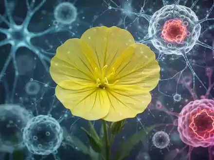 Eine Nahaufnahme einer leuchtenden Nachtkerzenblüte mit verschwommenen wissenschaftlichen Mustern im Hintergrund, die Gehirn und Entzündungen symbolisieren. - Foto: über boerse-global.de
