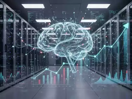 Eine futuristische, leuchtende neuronale Netzstruktur mit digitalen Finanzdaten in einem Hochtechnologie-Serverraum, symbolisiert KI-Wachstum. - Foto: über boerse-global.de