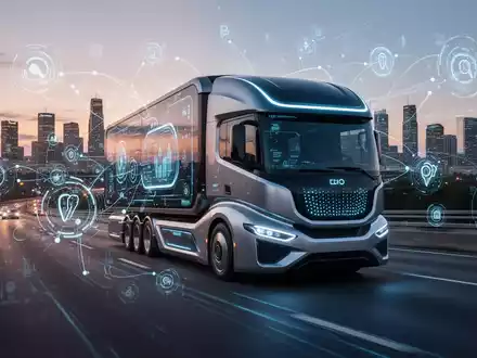 A futuristic electric autonomous truck on a highway at dusk, with digital data overlays and a city skyline in the background. - Foto: über boerse-global.de