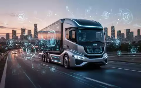 A futuristic electric autonomous truck on a highway at dusk, with digital data overlays and a city skyline in the background. - Foto: über boerse-global.de