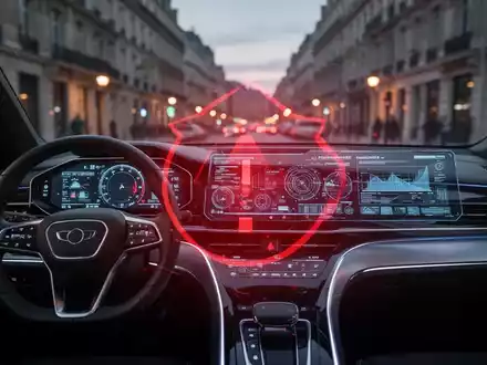 A car dashboard displaying data with a red warning overlay, suggesting issues with self-driving technology regulations in Europe. - Foto: über boerse-global.de