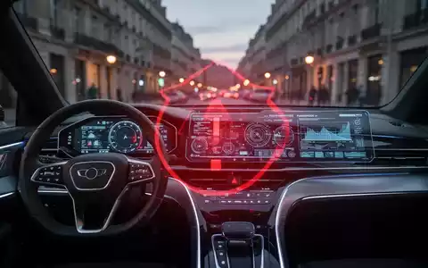 A car dashboard displaying data with a red warning overlay, suggesting issues with self-driving technology regulations in Europe. - Foto: über boerse-global.de