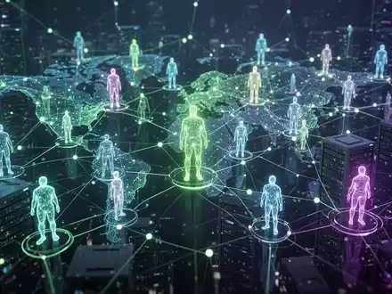 Ein Netzwerk aus leuchtenden digitalen Knotenpunkten und Linien, die abstrakte menschliche Figuren und Rechenzentren verbinden, symbolisiert KI-Agenten und Produktivität. - Foto: über boerse-global.de
