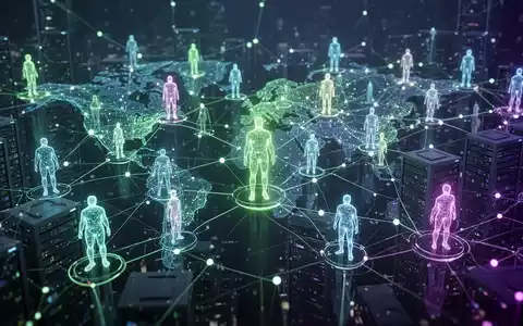 Ein Netzwerk aus leuchtenden digitalen Knotenpunkten und Linien, die abstrakte menschliche Figuren und Rechenzentren verbinden, symbolisiert KI-Agenten und Produktivität. - Foto: über boerse-global.de