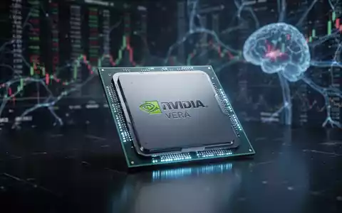 A glowing, futuristic NVIDIA Vera CPU chip on a dark surface, with blurred financial charts and AI networks in the background. - Foto: über boerse-global.de