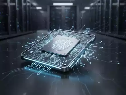 A futuristic AI chip with glowing blue circuits, symbolizing advanced technology and high performance, resting on a dark, reflective surface. - Foto: über boerse-global.de