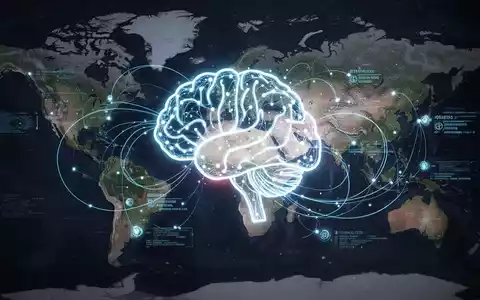A glowing neural network brain icon superimposed on a world map, with digital lines connecting different countries. - Foto: über boerse-global.de