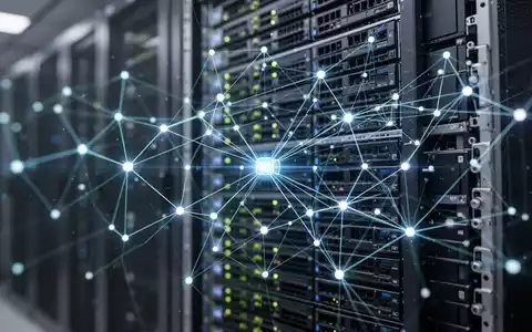 A glowing, interconnected network of data points and lines over a blurred modern data center, symbolizing AI and digital strategy. - Foto: über boerse-global.de