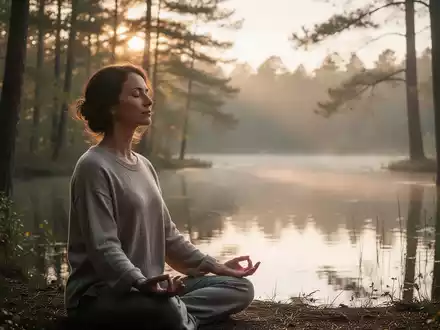 Eine ruhige Person in Meditation oder Achtsamkeitspraxis in einer friedlichen Naturlandschaft mit sanftem Licht, das durch Bäume fällt. - Foto: über boerse-global.de