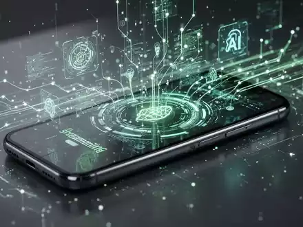 Ein stilisiertes Netzwerk aus Datenströmen und Augmented-Reality-Elementen, die auf ein modernes Smartphone projiziert werden, mit Symbolen für KI und Energieeffizienz. - Foto: über boerse-global.de
