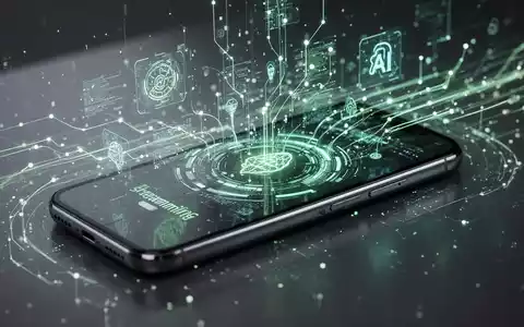 Ein stilisiertes Netzwerk aus Datenströmen und Augmented-Reality-Elementen, die auf ein modernes Smartphone projiziert werden, mit Symbolen für KI und Energieeffizienz. - Foto: über boerse-global.de