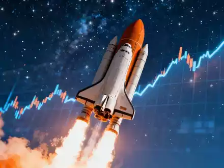 Eine schlanke Rakete startet in den Nachthimmel mit einem dezenten, aufwärts gerichteten Börsenchart im Hintergrund. - Foto: über boerse-global.de