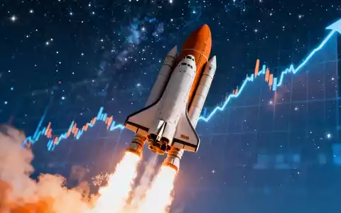 Eine schlanke Rakete startet in den Nachthimmel mit einem dezenten, aufwärts gerichteten Börsenchart im Hintergrund. - Foto: über boerse-global.de