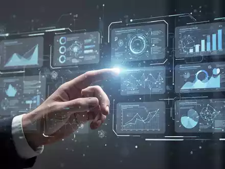 A hand interacting with a glowing holographic interface displaying abstract presentation slides, symbolizing AI-driven design and productivity. - Foto: über boerse-global.de