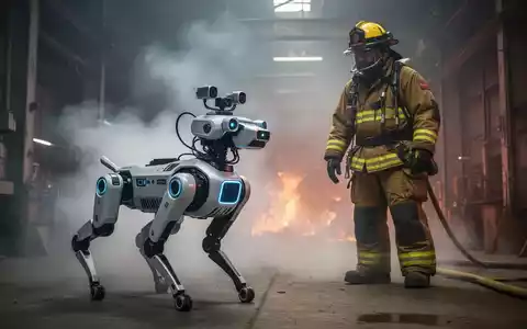 Ein futuristischer vierbeiniger Roboterhund mit Sensoren und Kameras in einer rauchigen Industrieumgebung, neben einem Feuerwehrmann. - Foto: über boerse-global.de