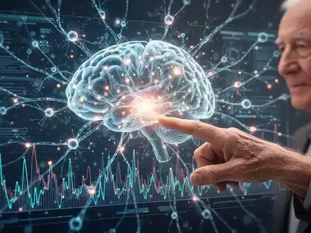 Nahaufnahme von Gehirnsynapsen mit leuchtenden Verbindungen. Eine ältere Hand berührt eine digitale Oberfläche mit Gehirnaktivität. - Foto: über boerse-global.de