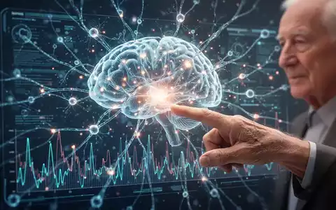 Nahaufnahme von Gehirnsynapsen mit leuchtenden Verbindungen. Eine ältere Hand berührt eine digitale Oberfläche mit Gehirnaktivität. - Foto: über boerse-global.de