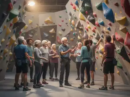 Eine vielfältige Gruppe von Menschen, darunter auch über 50-Jährige, lernt an einer Indoor-Boulderwand zu klettern. - Foto: über boerse-global.de