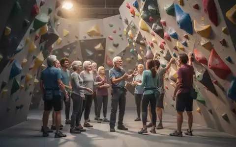 Eine vielfältige Gruppe von Menschen, darunter auch über 50-Jährige, lernt an einer Indoor-Boulderwand zu klettern. - Foto: über boerse-global.de