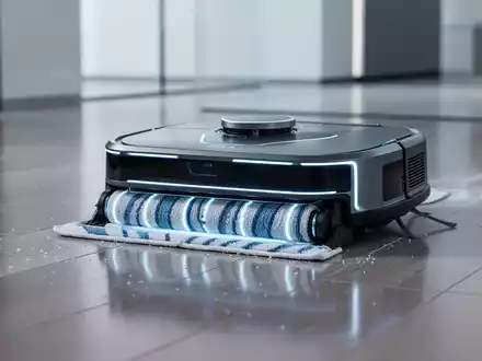Ein moderner Reinigungsroboter mit innovativer Moppwalze reinigt einen glänzenden Hartboden in einem minimalistischen Raum. - Foto: über boerse-global.de